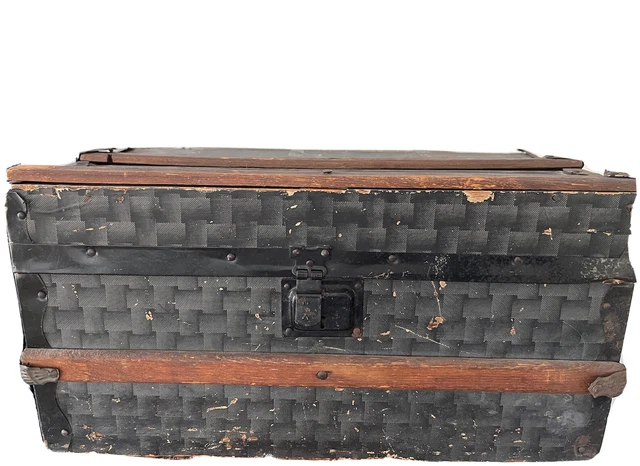 Antique Victorian Wooden Doll Child's Steamer Trunk Optical Papered Blue As is