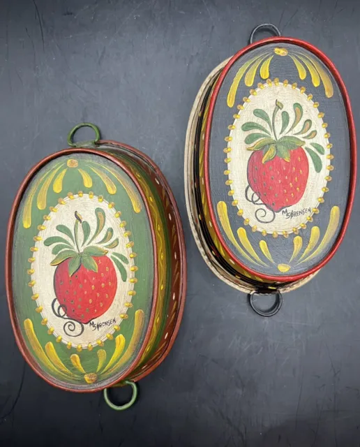 Tole Hand Painted Metal Decorative Baskets, Signed, Strawberry, 5”, Set Of 2