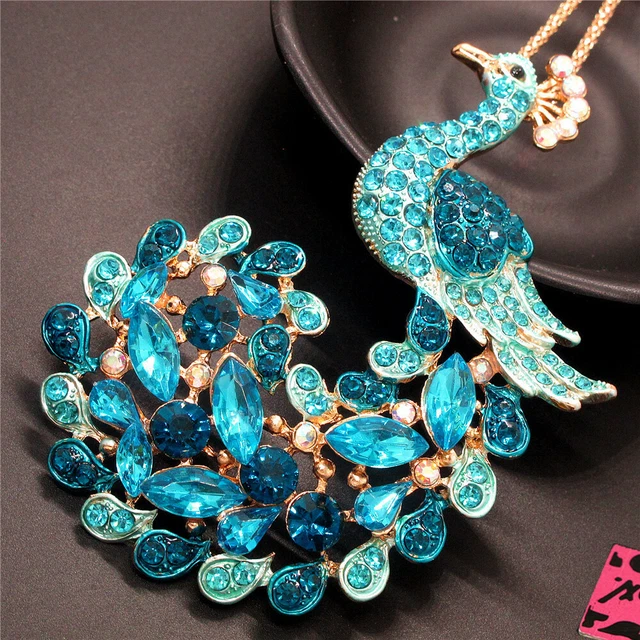 Betsey Johnson Blue Crystal Peacock Bling Animal Pendant  Chain Necklace 2