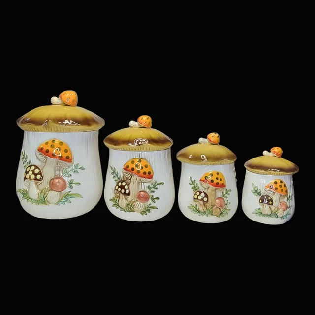 Vintage Sears Merry Mushroom Canister Set 1978 - Japan - 4pc - Two-Sided
