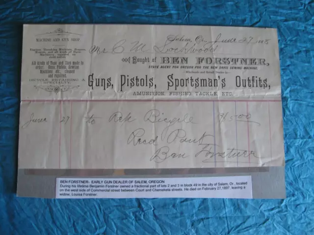 1888 Salem Oregon Ben Forstner Billhead Early Gun Dealer-Sporting Goods-Sewing
