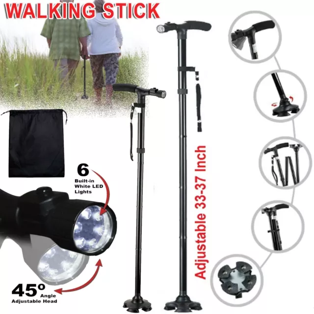 Folding Adjustable Cane Walking Stick w/ LED Strap Handle Aluminium Pole Hiking