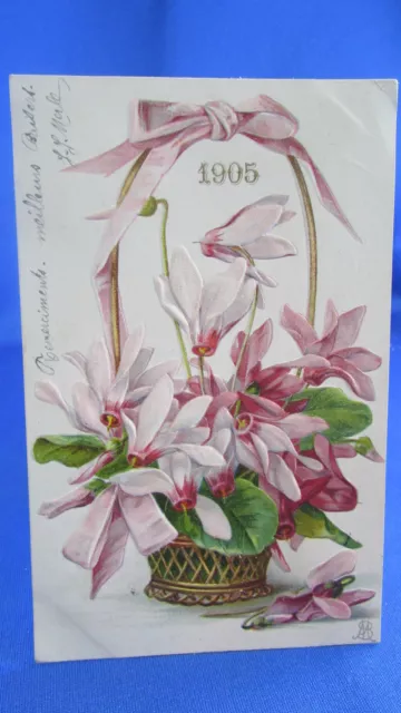 cpa fantaisie illustrateur Gaufree panier de fleurs signé AB 1905