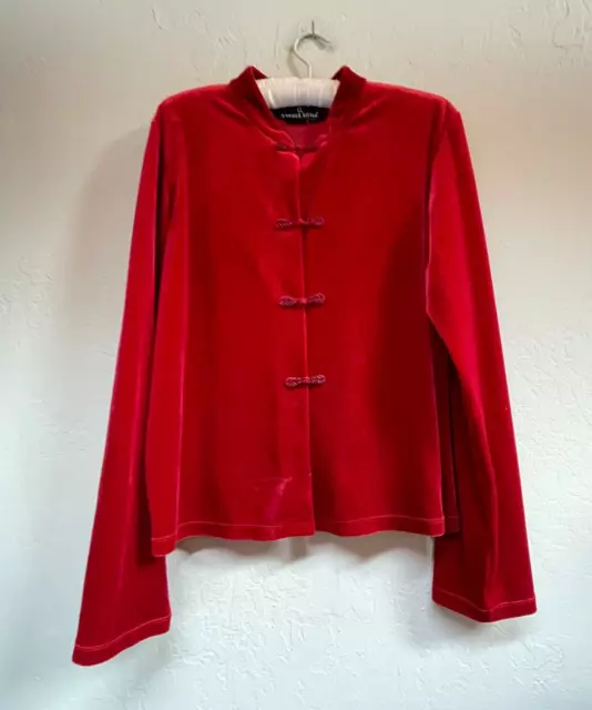 Carole Little Women's XL Mandarin Collar Red Velvet Top Long Sleeve Stretch