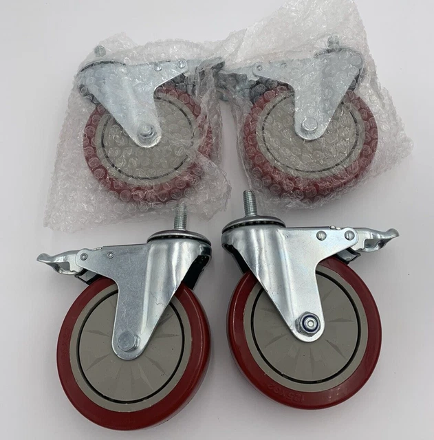5 Inch Red Polyurethane ½ Inch Threaded Stem Caster with Brake Qty 4