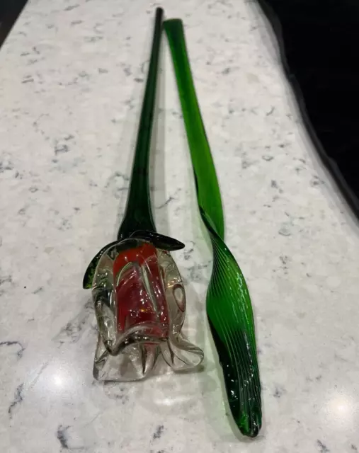 24" Set Art Glass Blown Rose Flower Bud Long Stem Green Red Clear Red Leaf 2 Pc.