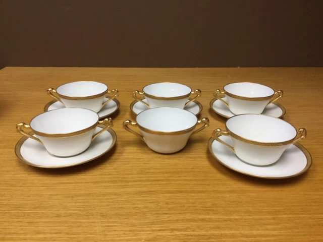 Limoges Coronet Old Abbey Cream Soup Cup & Saucer (5 Sets) Gold Encrusted