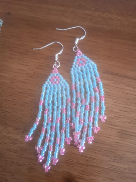 Boucles d'oreilles Native American Style miyuki bleu turquoise et rose Handmade