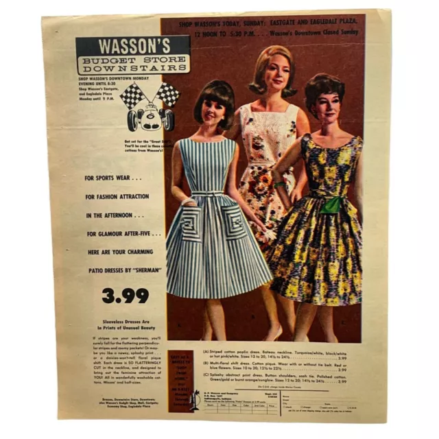 Wasson's Vintage Print Ad 1964 Womens Fashion Dresses Budget Store Downstairs