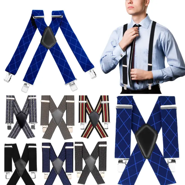 Mens 50Mm Wide Heavy Duty X Shape Braces Elastic Suspenders Trouser Clips Xxl Uk