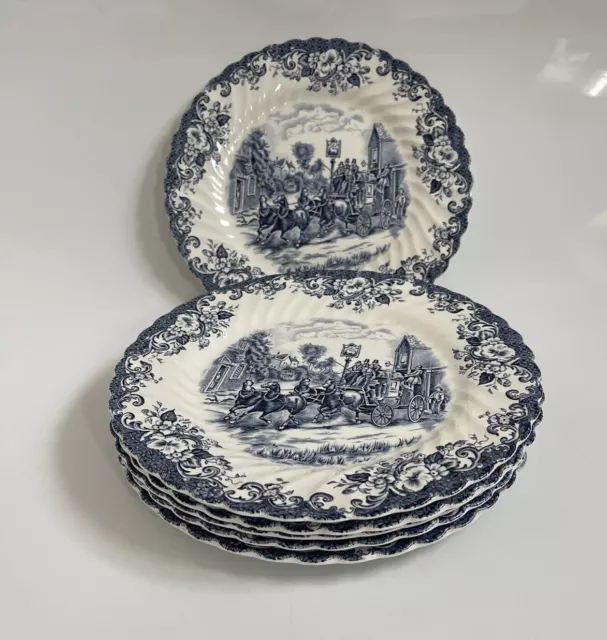 Vintage Johnson Brothers Blue Coaching Scenes Dinner Plates 25cm Set Of 6