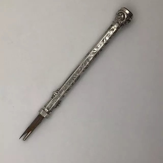 Antique Solid Silver Combined Propelling Pencil & Dip Pen With Paste Seal Top