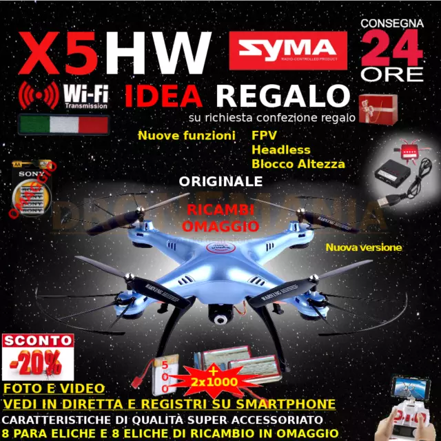 Drone SYMA X5HW FPV HEADLESS CAMERA HD real time WiFi 4 BATTERIE + RICAMBI