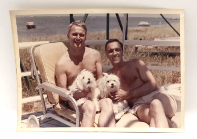 Vtg Leo Boyfriend Dogs Cir 1960s at Beach Snapshot Photo Gay int