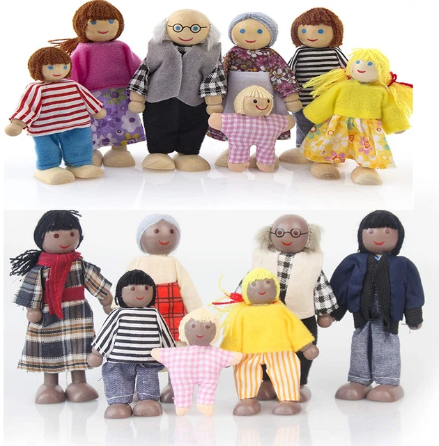 WOODEN BLACK WHITE Dollhouse People, 7 Family Figures Miniature Doll
