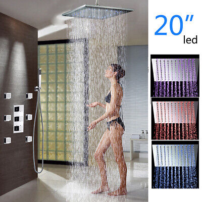 20" LED Rain Thermostatic Shower Faucet Set 6 Body Massage Spray Jet Mixer Tap