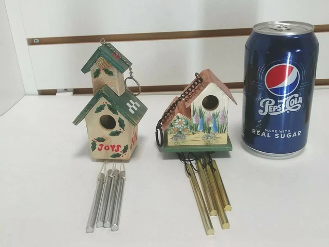 Set of Two Mini Bird House Shaped Wind Chimes Hand Painted Hanging