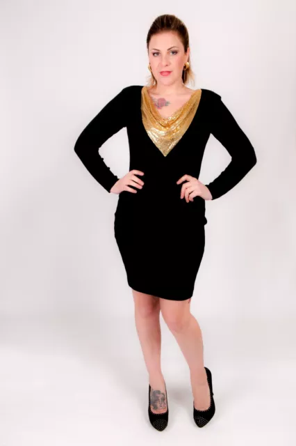 80s designer vintage black & gold chain mail wiggle bodycon dress Andrea Jovine