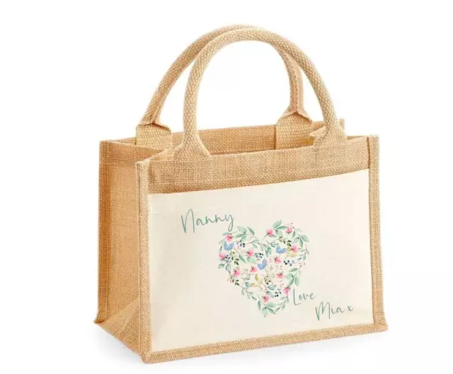 Personalised XL Jute Bag Shopping Bag Nanny Birthday Pink Floral Heart Xmas Gift