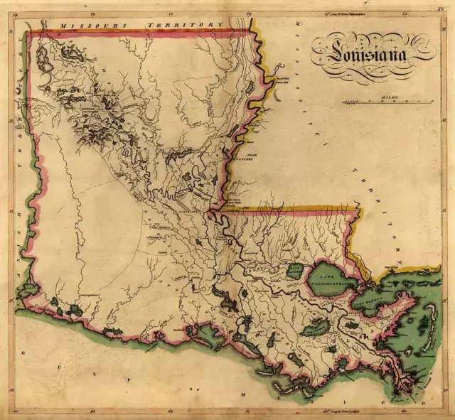 MAP State of LOUISIANA Vintage circa 1814 24" x 26" New Orleans Baton Rouge