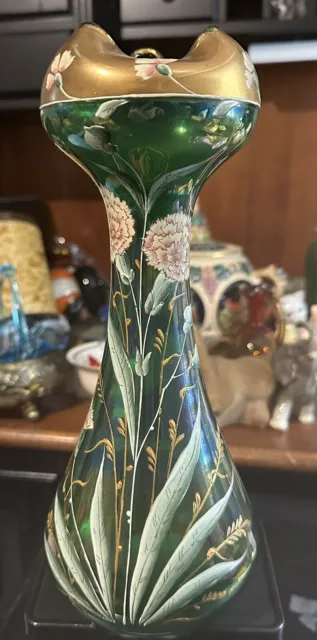 Rare Vintage Hand Painted Green and Gold Enameled Glass Vase, Hand Blown