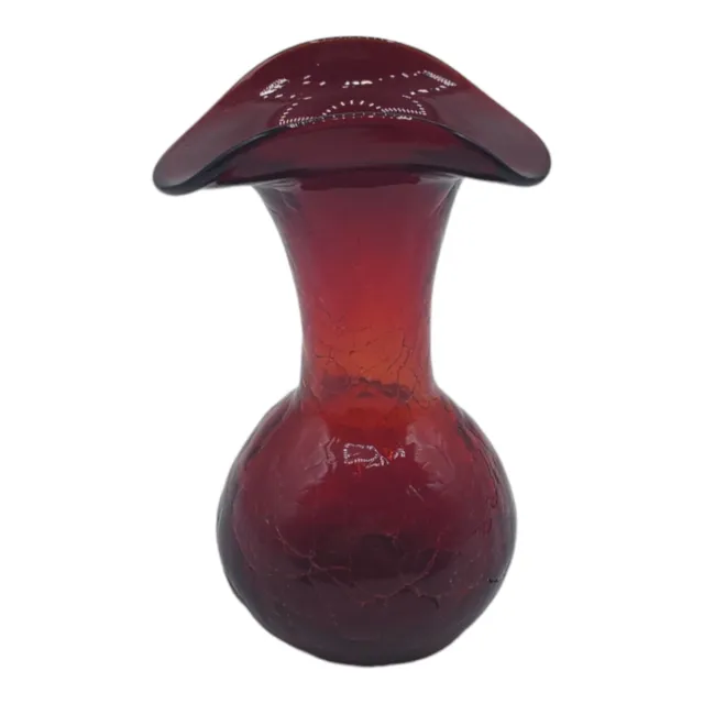 Handblown Hamon Style Amberina 5 Inch Ruby Red Crackle Glass Bud Vase
