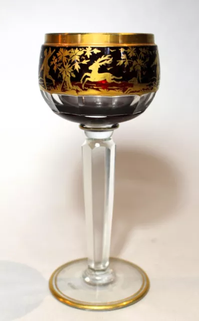 Bohemian Case Cut Ruby to Clear Hock Glass with Raised Gilded Hunt Scenes c.1900