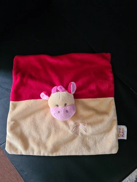 *. Doudou Plat Doukidou Vache Girafe Rouge Jaune Creme Noeud Rose -