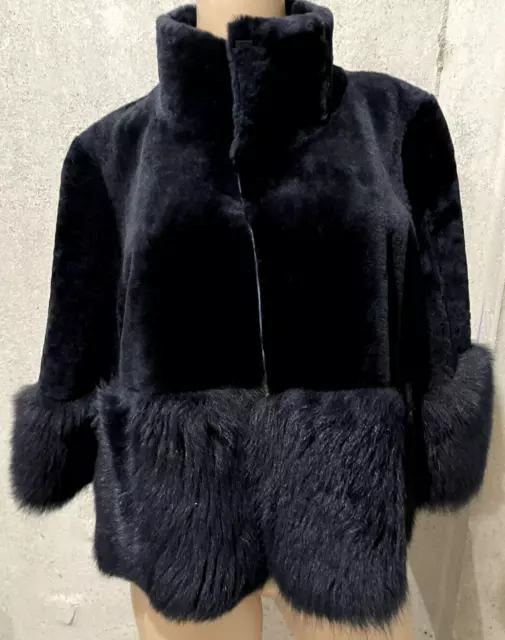 Tory Burch Lamb Fur Shearling Leather Navy Blue Dress Coat Jacket 4 6 / SMALL