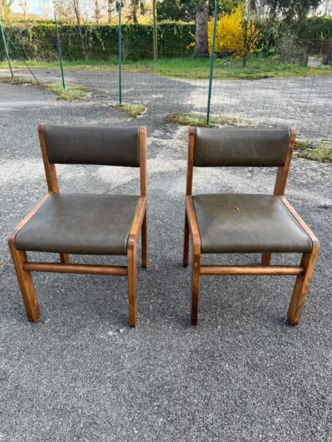 lot de 2 chaises Vintage, bois et cuir vert. État parfait