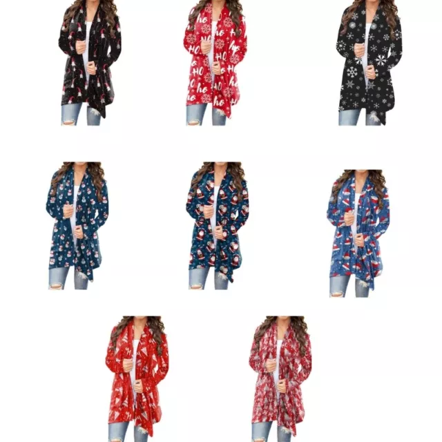 Womens Christmas Cardigan Cute Santa Snowflakes Print Long Sleeve Outwear Coat