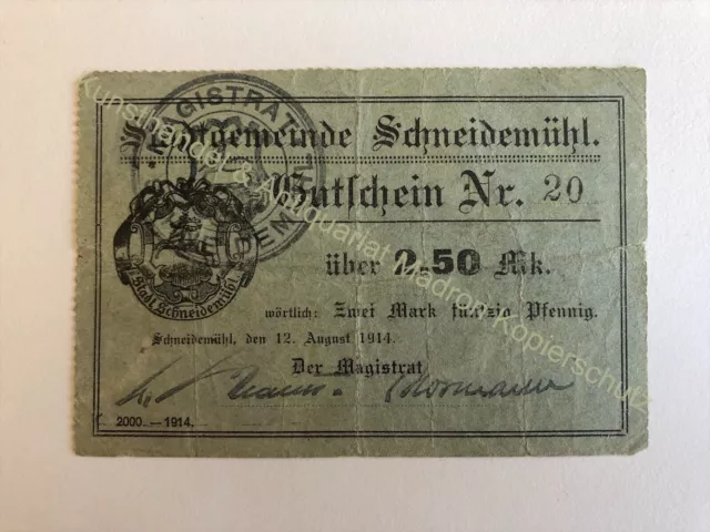 NOTGELD SCHNEIDEMÜHL (heute: Piła), Stadt, 2,50 Mk, 12.08.1914. Dießne Pommern