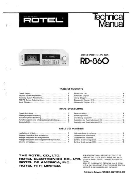 Service Manuel D'Instructions pour Rotel RD-860