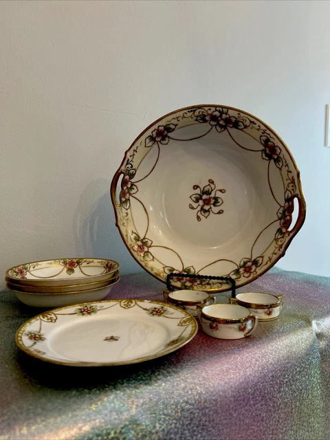 8pc Antique Hand Painted Nippon With Floral Garland Design and Gold Gulding