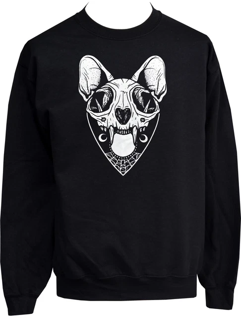 Felpa Gotica Unisex Gatto Gatto Gattino Teschio Satanico Luna Ragno web