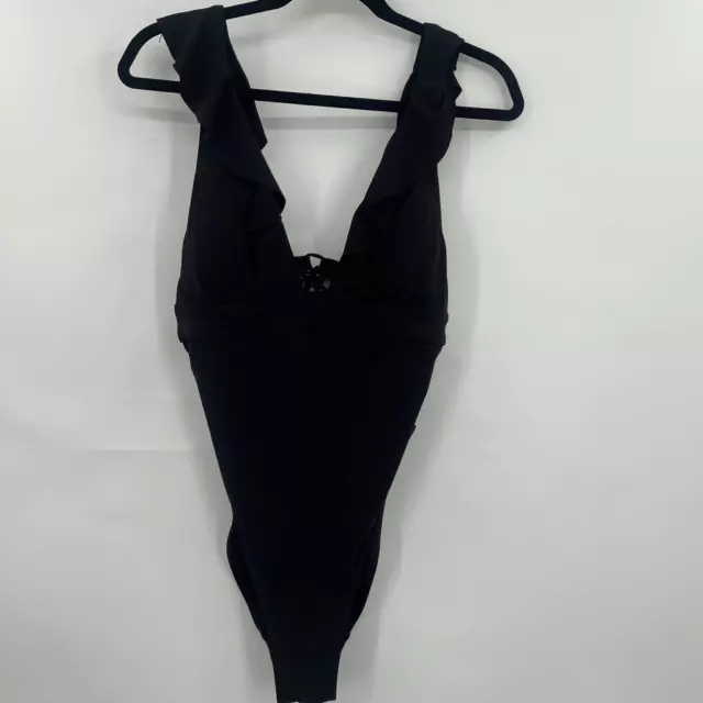 Robin Piccone Women's Black Ruffle Plunge One Piece Swimsuit Size 12