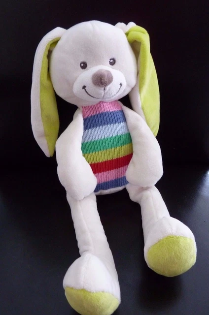 A6- Doudou Peluche Nicotoy Lapin Blanc Vert Rouge Tricot Laine Raye 35Cm Neuf