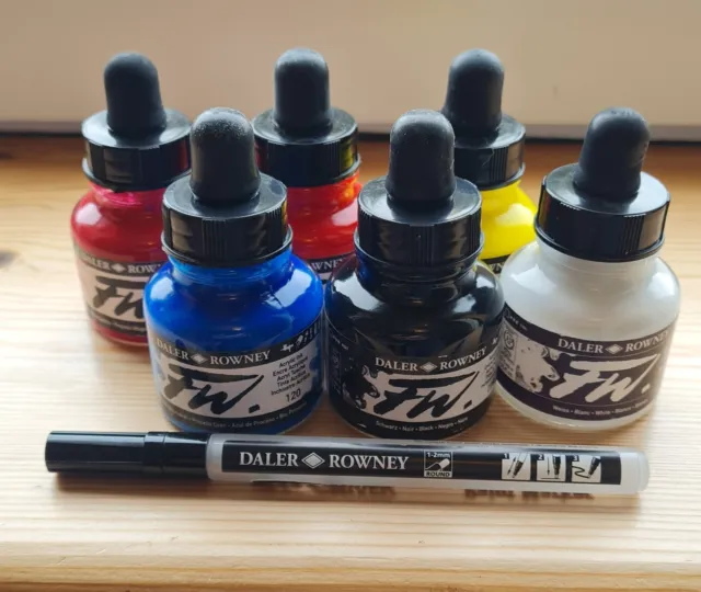 Juego primario de tinta acrílica Daler Rowney FW 6 x 29,5 ml con marcador de pintura