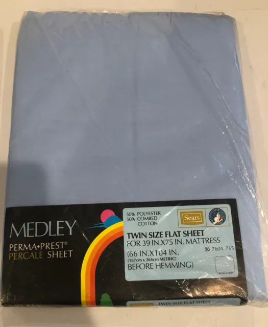 Vintage Medley Perma Prest Twin Size Flat Sheet Bed Bedding NOS Light Blue