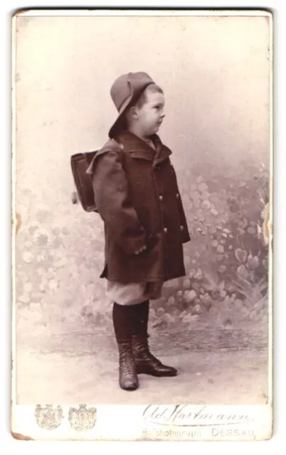 Photographs Ad. Hartmann, Dessau, portrait of little boy with hat and satchels