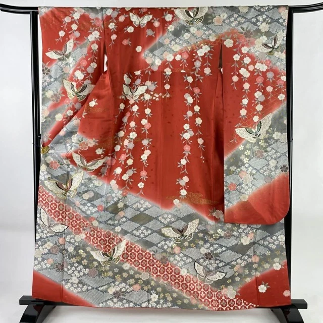 Japanese Kimono Furisode Pure Silk Butterfly Flower Gold Thread Madder Red