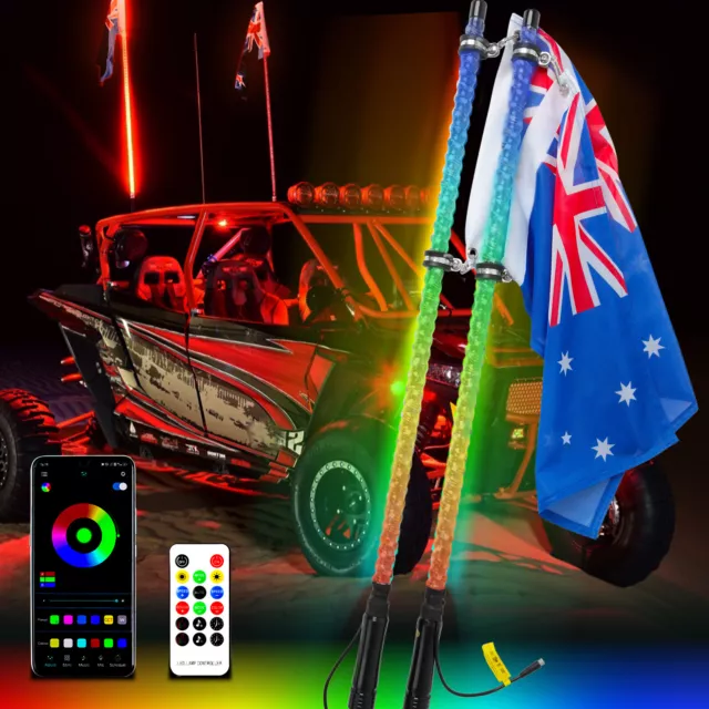 2x 4ft RGB LED Whip Light Antenna w/Flag &Remote APP For Jeep RZR Buggy Off Road