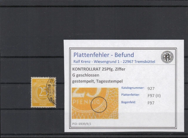 KONTROLLRAT 1947 PLATTENFEHLER Nr 927 II gestempelt (224018)