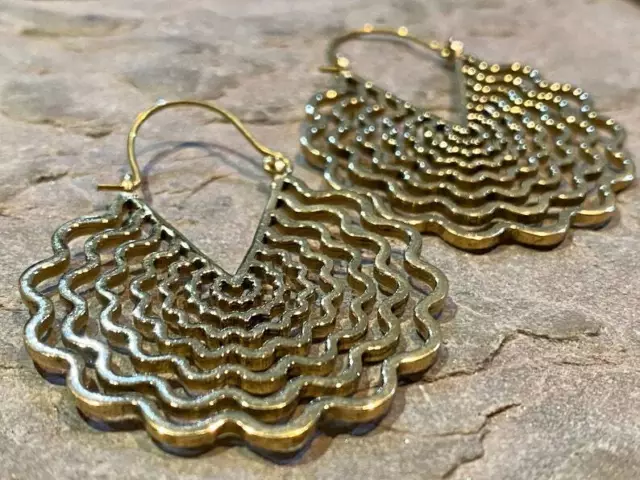 Large Gold Plated Mandala Moroccan Ethnic Tribal Brass Hoops Unique Earrings Gh2