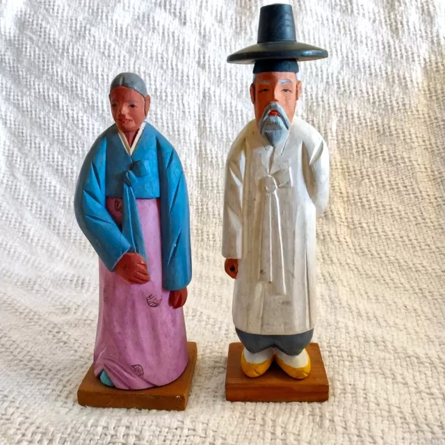 Vintage Hand Carved Hand Painted Chinese Man & Woman Wooden Figurines