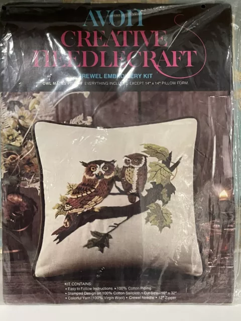 Vintage Avon Creative Needlecraft OWL MATES Pillow Crewel Embroidery Kit NOS