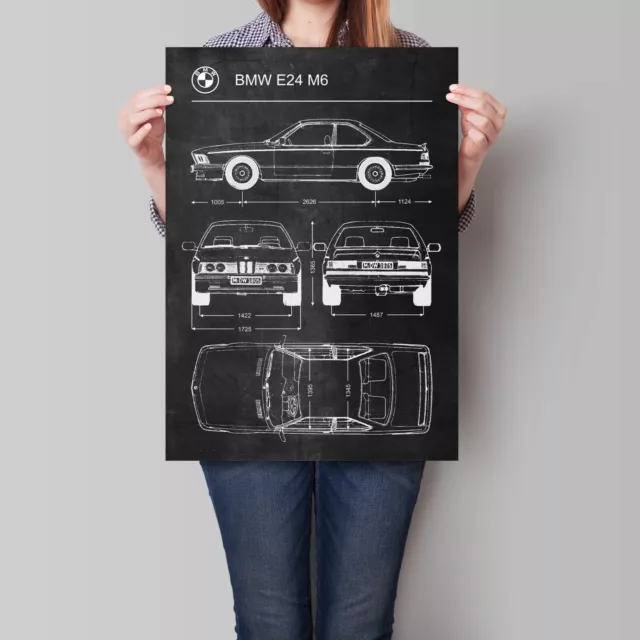 BMW E24 M6 Car Poster Vintage Blueprint Art