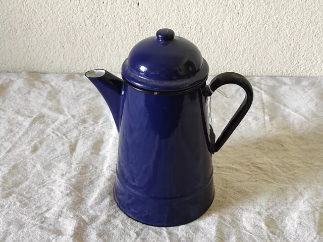 Ancienne Cafetière, Verseuse en tôle émaillée bleu 20 cm de haut