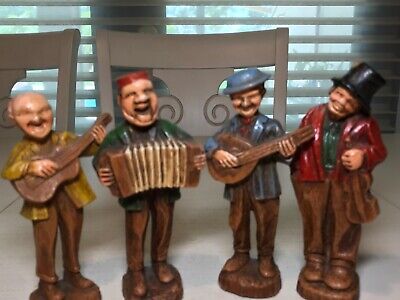 VTG Wood Carvings Four Men Playing Instruments Nice detail & Colors 6.5”