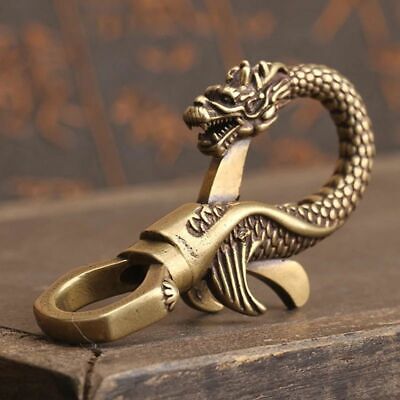 Vintage Dragon Head Solid Brass Fob Belt Clip Buckle Key Chain Ring Holder Hook